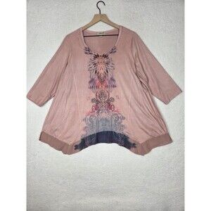 One World Tunic Top Womens 1X Pink Paisley Boho Asym Hem 3/4 Sleeve Stretch Knit